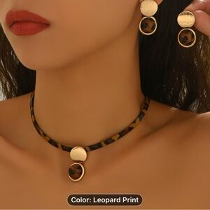 Leopard Print Choker Necklace with Gold Accent - Brown
